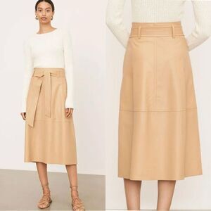 Vince Lambskin Leather Midi Tan Caramel Skirt Stitched Belt Size 0